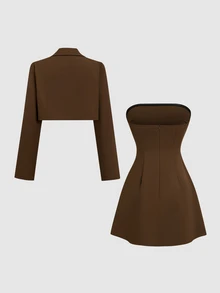 Sweetra New Autumn/Winter Premium Slimming Elegant Commuter Blazer & Tube Dress 2 Pieces Set - Brown - View 3