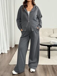 SHEIN Maternity Autumn/Winter Casual Thermal Lined Hooded Jacket & Pants 2 Pieces Set - Dark Grey - View 5