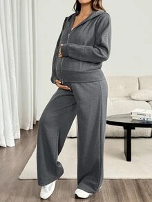 SHEIN Maternity Autumn/Winter Casual Thermal Lined Hooded Jacket & Pants 2 Pieces Set - Dark Grey - View 6