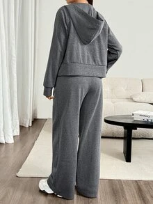 SHEIN Maternity Autumn/Winter Casual Thermal Lined Hooded Jacket & Pants 2 Pieces Set - Dark Grey - View 2