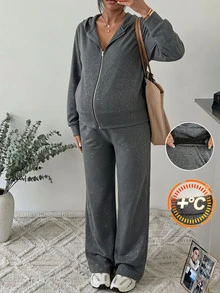 SHEIN Maternity Autumn/Winter Casual Thermal Lined Hooded Jacket & Pants 2 Pieces Set - Dark Grey - View 4