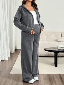 SHEIN Maternity Autumn/Winter Casual Thermal Lined Hooded Jacket & Pants 2 Pieces Set - Dark Grey - View 3