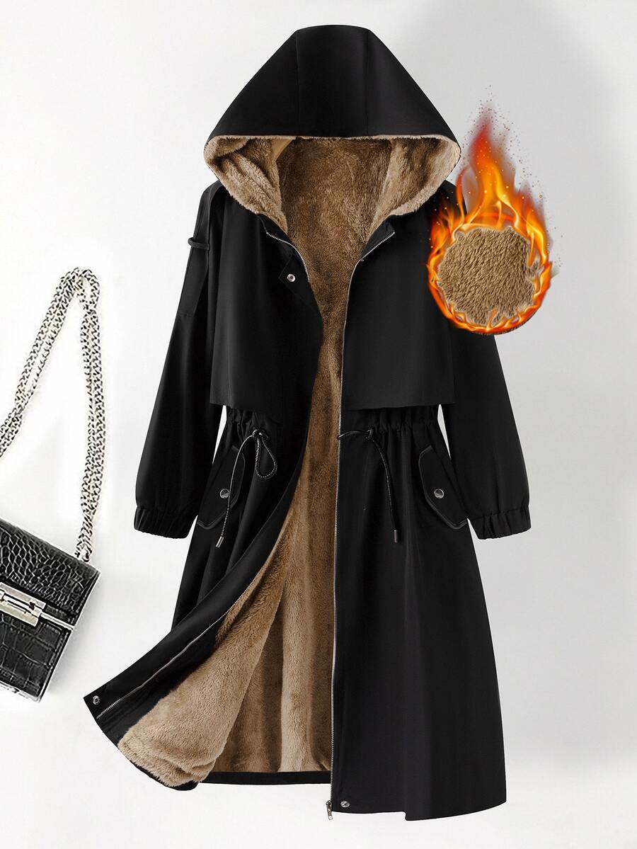 SHEIN Clasi Jaket Kasual Wanita Lengan Panjang Warna Polos dengan Tali Serut di Pinggang dan Lapisan Termal, Dilengkapi Tudung. - Hitam - View 1