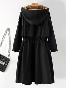 SHEIN Clasi Jaket Kasual Wanita Lengan Panjang Warna Polos dengan Tali Serut di Pinggang dan Lapisan Termal, Dilengkapi Tudung. - Hitam - View 4