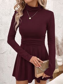 SHEIN Clasi Women's Solid Color Casual Minimalist Party Mini Dress - Burgundy - View 3