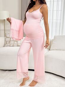 Slowluna Maternity Lace Patchwork Camisole Top And Adjustable Waist Long Pants With Cardigan 2 Pieces Set Fall - Pink - View 5