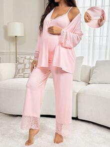 Slowluna Maternity Lace Patchwork Camisole Top And Adjustable Waist Long Pants With Cardigan 2 Pieces Set Fall - Pink - View 2