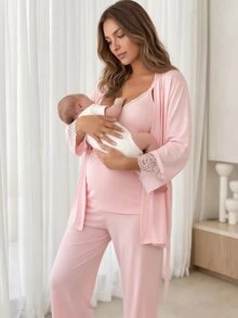 Slowluna Maternity Lace Patchwork Camisole Top And Adjustable Waist Long Pants With Cardigan 2 Pieces Set Fall - Pink - View 3