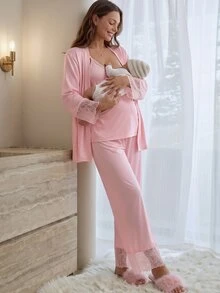 Slowluna Maternity Lace Patchwork Camisole Top And Adjustable Waist Long Pants With Cardigan 2 Pieces Set Fall - Pink - View 8