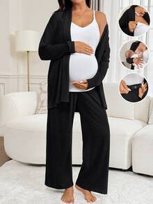 SHEIN 孕婦純色哺乳背心上衣＋開襟外套＋長褲休閒日常2件套 秋季 - 彩色 - 查看 1
