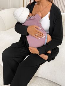 SHEIN 孕婦純色哺乳背心上衣＋開襟外套＋長褲休閒日常2件套 秋季 - 彩色 - 查看 7