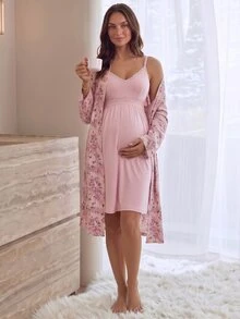 SHEIN Maternity Nursing Lace Camisole Dress With Floral Print Long Sleeve Cardigan 2 Pieces Set Fall - Pink - View 9
