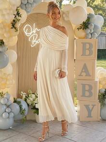 Loomaby Maternity Solid Color Ruched Asymmetrical Shoulder Long Sleeve Elegant Chic Dress Gender Reveal Baby Shower Autumn Wedding White - Apricot - View 1