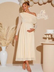 Loomaby Maternity Solid Color Ruched Asymmetrical Shoulder Long Sleeve Elegant Chic Dress Gender Reveal Baby Shower Autumn Wedding White - Apricot - View 7