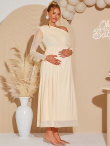 Loomaby Maternity Solid Color Ruched Asymmetrical Shoulder Long Sleeve Elegant Chic Dress Gender Reveal Baby Shower Autumn Wedding White - Apricot - View 6