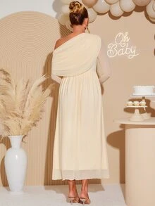 Loomaby Maternity Solid Color Ruched Asymmetrical Shoulder Long Sleeve Elegant Chic Dress Gender Reveal Baby Shower Autumn Wedding White - Apricot - View 4