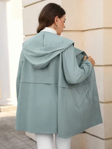 Miaspire Plus Size Women's Casual Western Solid Color Hooded Trench Coat, Autumn/Winter Teacher Club Grey Fall - Blue - View 3