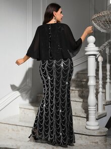 Reflora Plus Size Elegant Sequin Cape-Style Patchwork Mermaid Hem Dress Christmas - Black - View 2