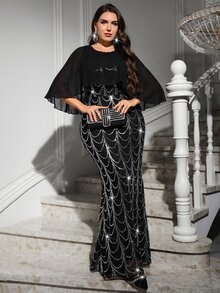 Reflora Plus Size Elegant Sequin Cape-Style Patchwork Mermaid Hem Dress Christmas - Black - View 7