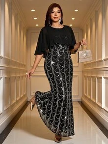 Reflora Plus Size Elegant Sequin Cape-Style Patchwork Mermaid Hem Dress Christmas - Black - View 1