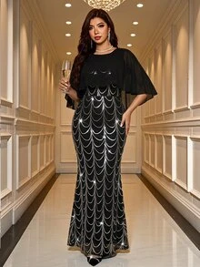 Reflora Plus Size Elegant Sequin Cape-Style Patchwork Mermaid Hem Dress Christmas - Black - View 3