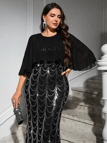 Reflora Plus Size Elegant Sequin Cape-Style Patchwork Mermaid Hem Dress Christmas - Black - View 8