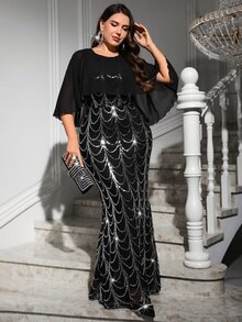 Reflora Plus Size Elegant Sequin Cape-Style Patchwork Mermaid Hem Dress Christmas - Black - View 6