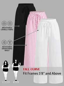SHEIN Tall CURVE 大尺碼女款抽繩腰寬鬆休閒優雅百搭日常長褲三件套 正式度假風 黑色 粉色 白色 秋季 - 彩色 - 查看 3