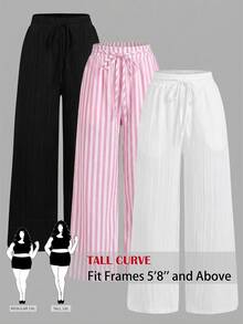 SHEIN Tall CURVE 大尺碼女款抽繩腰寬鬆休閒優雅百搭日常長褲三件套 正式度假風 黑色 粉色 白色 秋季 - 彩色 - 查看 1