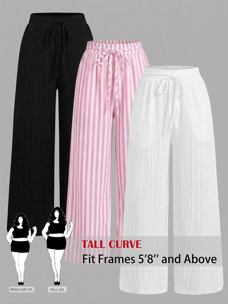SHEIN Tall CURVE 大尺碼女款抽繩腰寬鬆休閒優雅百搭日常長褲三件套 正式度假風 黑色 粉色 白色 秋季 - 彩色 - 查看 1