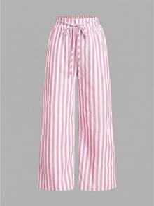 SHEIN Tall CURVE 大尺碼女款抽繩腰寬鬆休閒優雅百搭日常長褲三件套 正式度假風 黑色 粉色 白色 秋季 - 彩色 - 查看 2