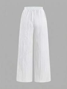 SHEIN Tall CURVE 大尺碼女款抽繩腰寬鬆休閒優雅百搭日常長褲三件套 正式度假風 黑色 粉色 白色 秋季 - 彩色 - 查看 9