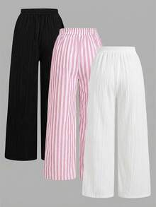 SHEIN Tall CURVE 大尺碼女款抽繩腰寬鬆休閒優雅百搭日常長褲三件套 正式度假風 黑色 粉色 白色 秋季 - 彩色 - 查看 4