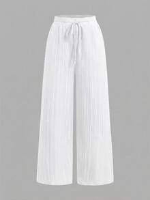 SHEIN Tall CURVE 大尺碼女款抽繩腰寬鬆休閒優雅百搭日常長褲三件套 正式度假風 黑色 粉色 白色 秋季 - 彩色 - 查看 8