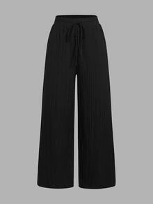 SHEIN Tall CURVE 大尺碼女款抽繩腰寬鬆休閒優雅百搭日常長褲三件套 正式度假風 黑色 粉色 白色 秋季 - 彩色 - 查看 10