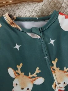 SHEIN 新生兒秋冬睡衣連身衣聖誕連身衣 拉鍊長袖連腳印花雪人熊圖案套裝 - 綠色 - 查看 4