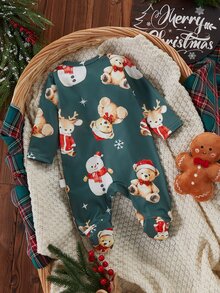 SHEIN 新生兒秋冬睡衣連身衣聖誕連身衣 拉鍊長袖連腳印花雪人熊圖案套裝 - 綠色 - 查看 2