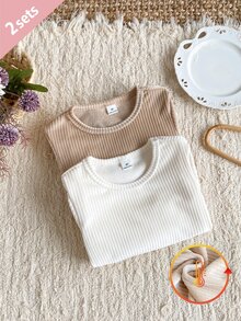 5件隨機發送 2件裝秋冬女款柔軟舒適雙面直條紋抓絨內搭衫，奶白色杏色黃色棕色紫色藍色多色隨機發送，簡約長袖上衣2件套，可作為內層或外穿 - 彩色 - 查看 3