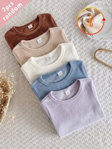 5件隨機發送 2件裝秋冬女款柔軟舒適雙面直條紋抓絨內搭衫，奶白色杏色黃色棕色紫色藍色多色隨機發送，簡約長袖上衣2件套，可作為內層或外穿 - 彩色 - 查看 1