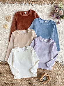 5件隨機發送 2件裝秋冬女款柔軟舒適雙面直條紋抓絨內搭衫，奶白色杏色黃色棕色紫色藍色多色隨機發送，簡約長袖上衣2件套，可作為內層或外穿 - 彩色 - 查看 7