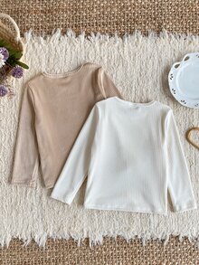 5件隨機發送 2件裝秋冬女款柔軟舒適雙面直條紋抓絨內搭衫，奶白色杏色黃色棕色紫色藍色多色隨機發送，簡約長袖上衣2件套，可作為內層或外穿 - 彩色 - 查看 2