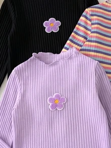 Young Girl Mock Neck Long Sleeve Tops, Solid Floral & Stripe Casual Layering Tees, Fall Winter (3 Pcs) - Multicolor - View 4