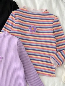 Young Girl Mock Neck Long Sleeve Tops, Solid Floral & Stripe Casual Layering Tees, Fall Winter (3 Pcs) - Multicolor - View 5