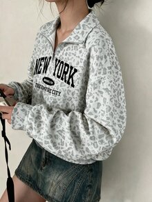 青少年女孩秋冬休閒時尚復古豹紋英文字母數位印花，休閒基礎拉鍊連帽衛衣，女孩拉鍊印花衛衣，舒適秋季衛衣 - 彩色 - 查看 4