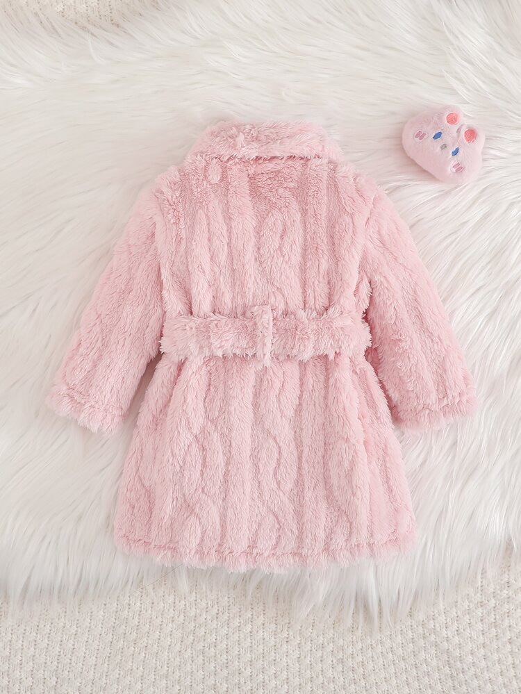 SHEIN 2pcs Baby Girls Jacket Headband Set Sweet Pink Fuzzy Plush Bear Bow Knot Long Sleeve Lapel Thick Birthday Party Winter Halloween Holiday Cozy Solid - Pink - View 2
