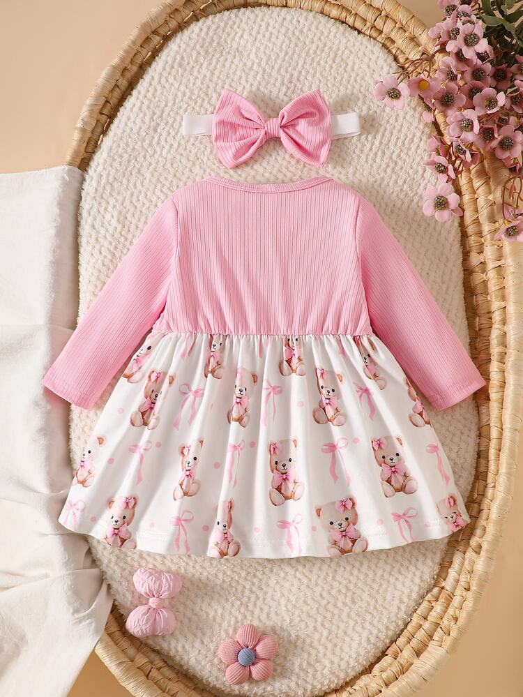 SHEIN 3pcs Baby Girls Fake Two-Piece Dress Cute Sweet Pink White Bear Print Bows Ruffle Long Sleeve Regular Birthday Party Fall Holiday Christmas Ribbed - Baby Pink - View 2