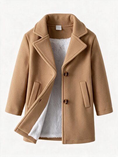 Souflis Souflis 1pc Toddler Boy Woolen Coat Preppy Camel Tan Fuzzy Lined Lapel Button Pocket Long Sleeve Lapel Collar Thick Wedding Party Winter Halloween Autumn Top