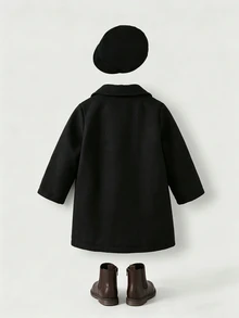 Souflis Souflis 2pcs Toddler Boy Woolen Trench Coat Hat Set Elegant Black Button Solid Pocket Long Sleeve Notched Lapel Thick Formal Party Winter Fall Christmas Chic - Black - View 6