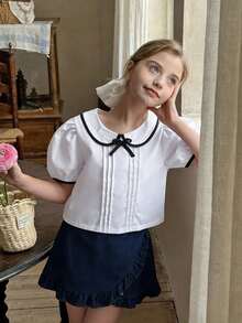 2pcs Tween Girls'Collegiate Style Outfit,Summer Back-To-School,Blue And White Puff Sleeve Bow Knit Top & Denim A-Line Skirt,School Casual Wear Set - Multicolor - View 3