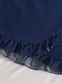 2pcs Tween Girls'Collegiate Style Outfit,Summer Back-To-School,Blue And White Puff Sleeve Bow Knit Top & Denim A-Line Skirt,School Casual Wear Set - Multicolor - View 6